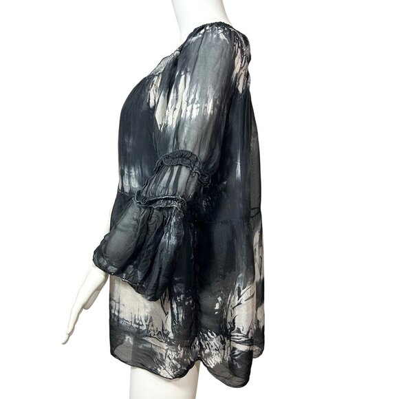 Tempo Paris Top M/L Black White Tie Dyed Long Sleeve Silk Italy Bell Sleeves - Picture 2 of 14